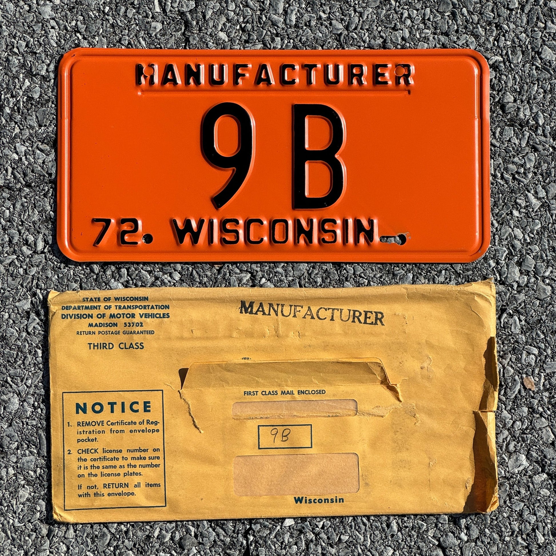 Photo of a 1972 Wisconsin Manufacturer License Plate Auto Tag Garage Decor Vintage with Envelope 9 B