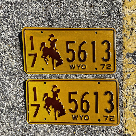 Photo of a 1972 Wyoming License Plate Pair Auto Tag Garage Decor Vintage Cowboy Rodeo 17 5613 with original patina