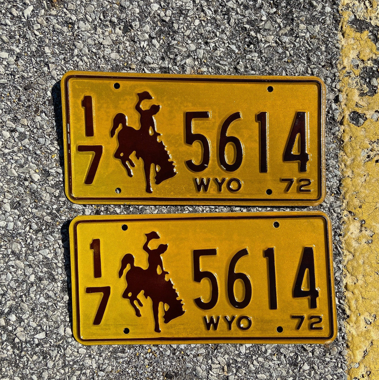 Photo of a 1972 Wyoming License Plate Pair Auto Tag Garage Decor Vintage Cowboy Rodeo 17 5614 with original patina
