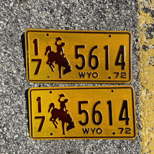 Photo of a 1972 Wyoming License Plate Pair Auto Tag Garage Decor Vintage Cowboy Rodeo 17 5614 with original patina