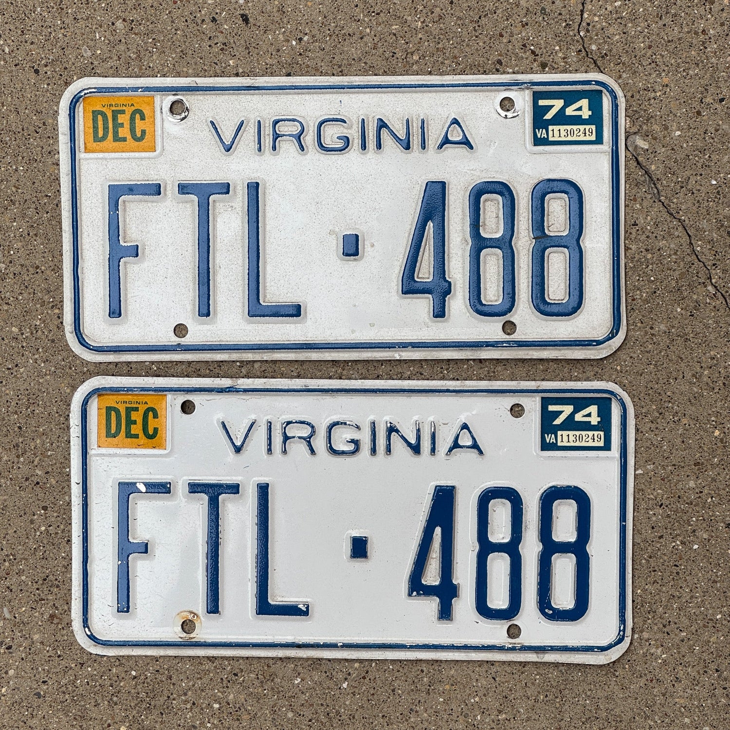 Photo of a 1973 1974 Virginia License Plate Pair Auto Tag Garage Decor Vintage FTL 488
