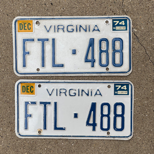 Photo of a 1973 1974 Virginia License Plate Pair Auto Tag Garage Decor Vintage FTL 488