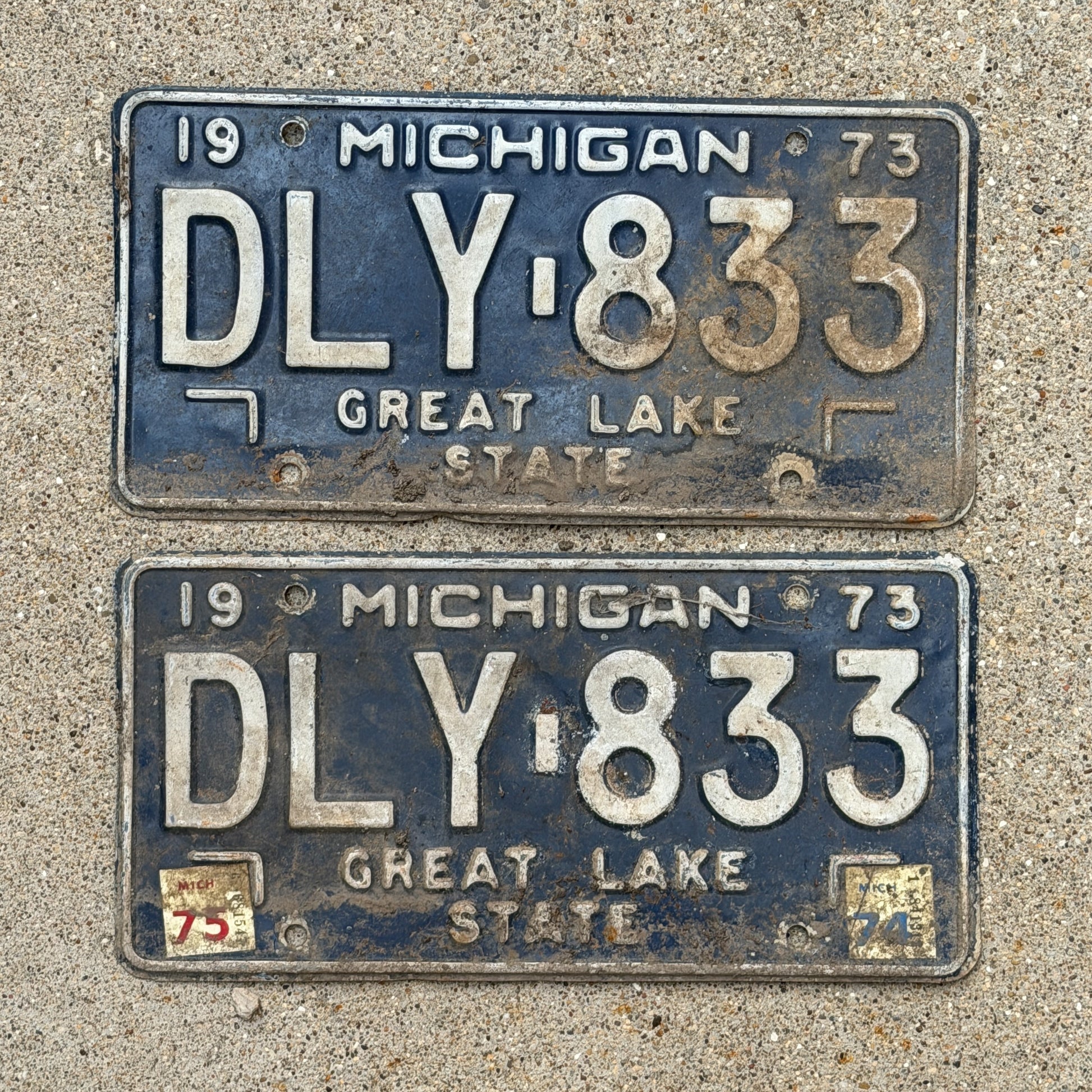 Photo of a 1973 1975 Michigan License Plate Pair Auto Tag Garage Decor Vintage DLY 833 with original patina