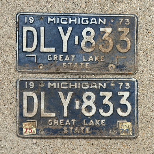 Photo of a 1973 1975 Michigan License Plate Pair Auto Tag Garage Decor Vintage DLY 833 with original patina