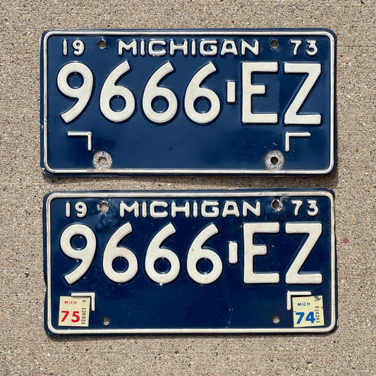 Photo of a 1973 1975 Michigan License Plate Pair Auto Tag Garage Decor Vintage Repeat Repeating 666 Devil Evil 9666 EZ with original patina