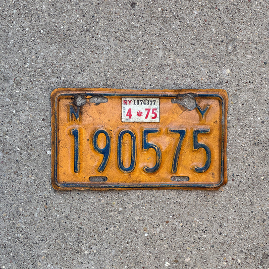 Photo of a 1973 1975 New York Motorcycle License Plate Auto Tag Garage Decor Vintage 190575 with original patina
