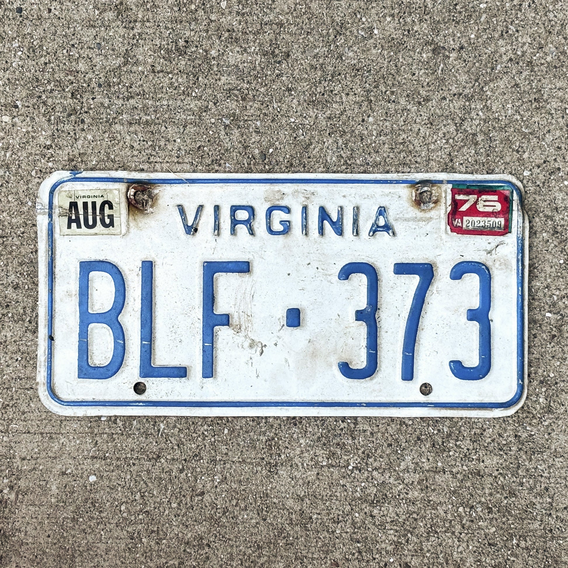 Photo of a 1973 1976 Virginia License Plate Auto Tag Garage Decor Vintage BLF 373 with original patina