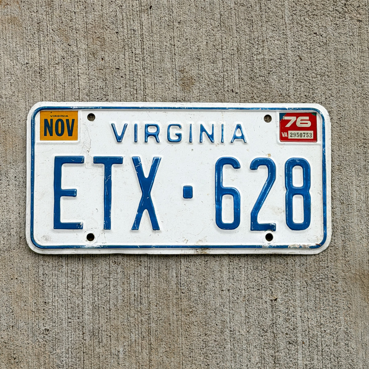 Photo of a 1973 1976 Virginia License Plate Auto Tag Garage Decor Vintage ETX 628 with original patina