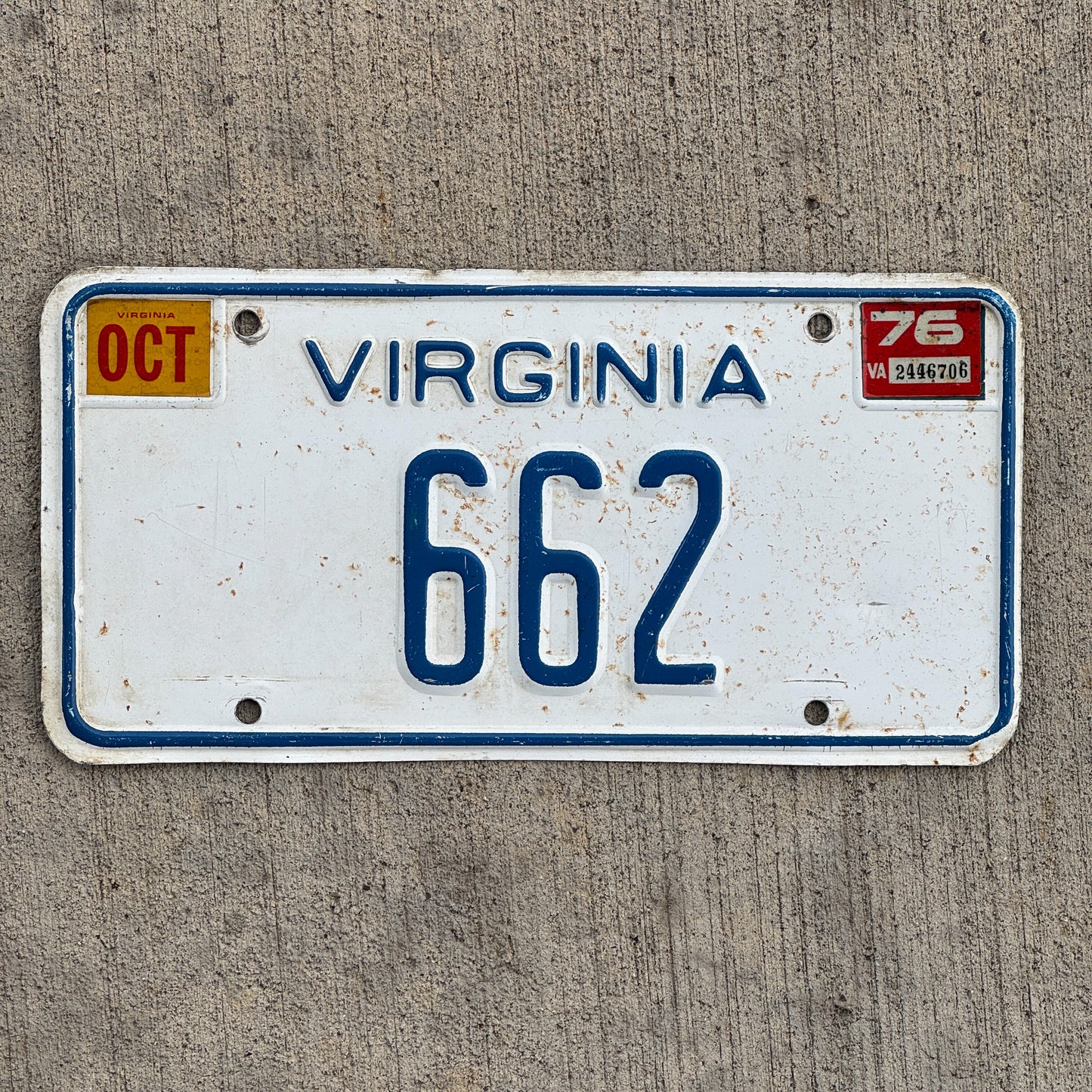 Photo of a 1973 1976 Virginia License Plate Auto Tag Garage Decor Vintage Low Number Three Digit 662 with original patina