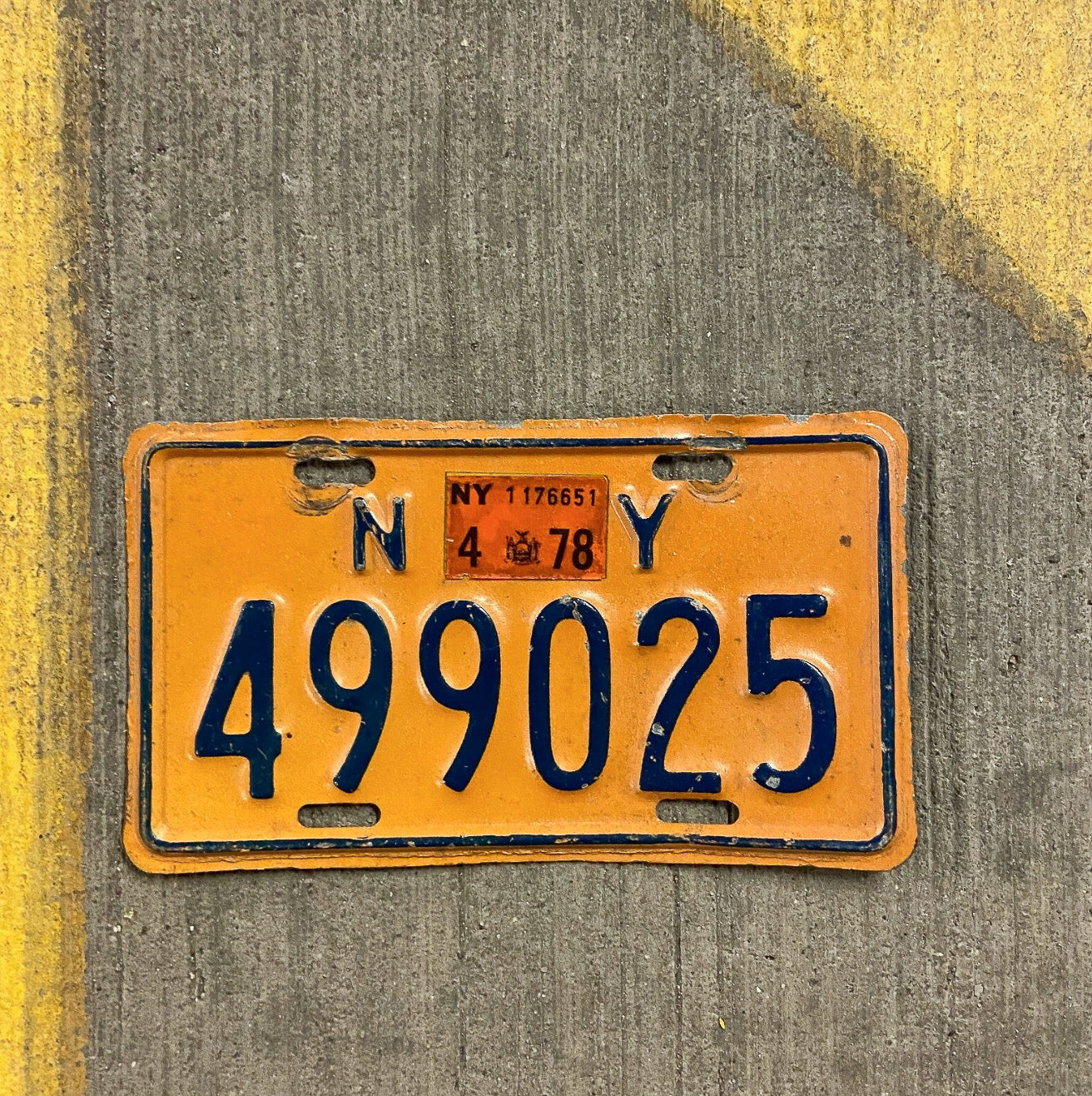 Photo of a 1973 1978 New York Motorcycle License Plate Auto Tag Garage Decor Vintage 499025 with original patina