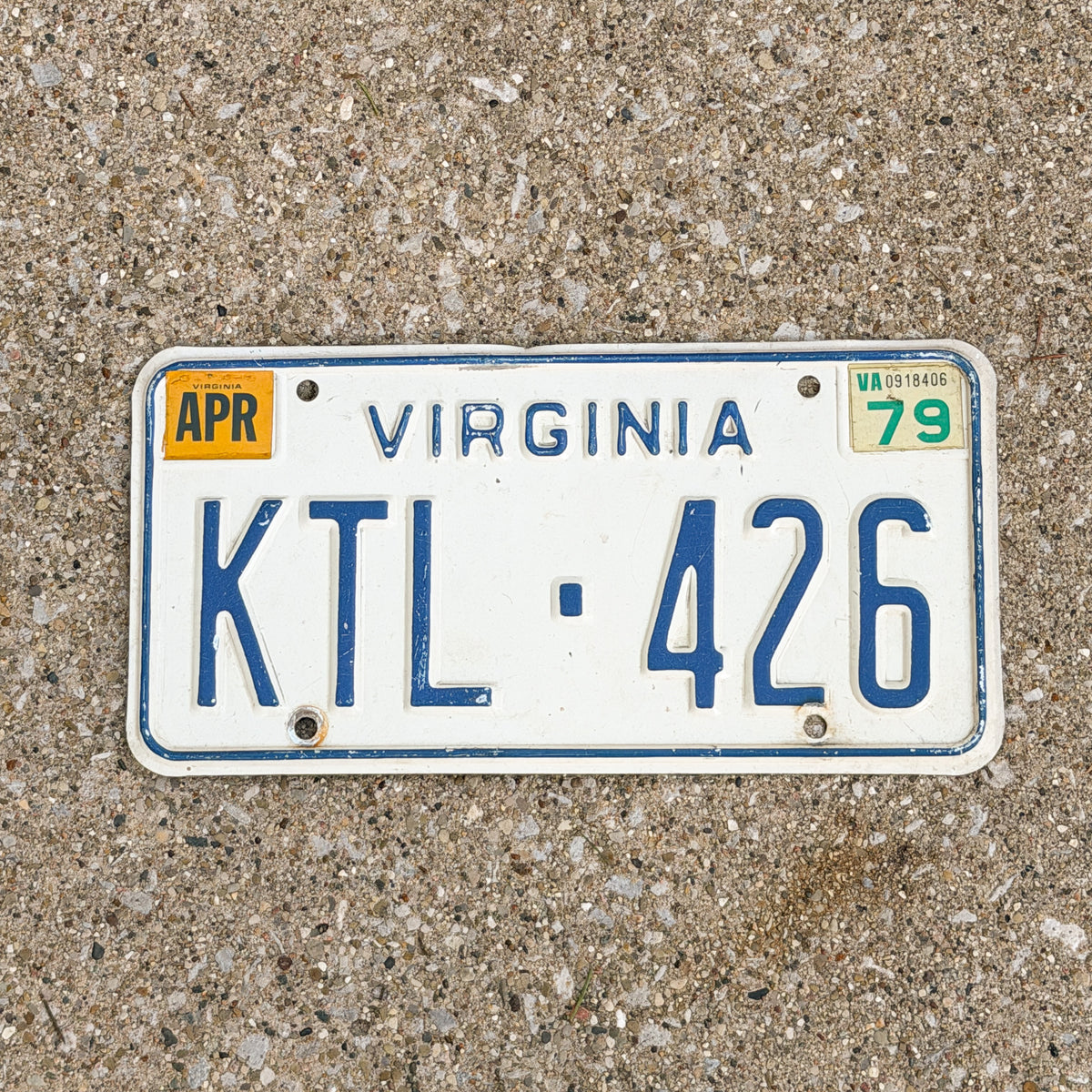 Photo of a 1973 1979 Virginia License Plate Auto Tag Garage Decor Vintage KTL 426 with original patina