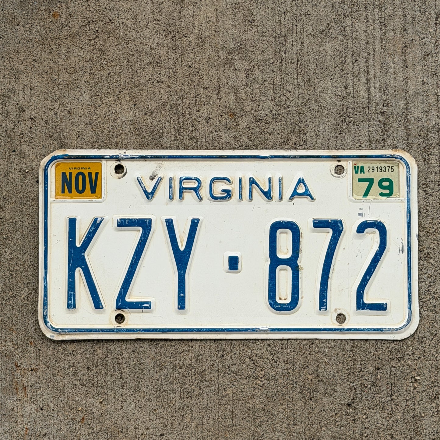 Photo of a 1973 1979 Virginia License Plate Auto Tag Garage Decor Vintage KZY 872 with original patina