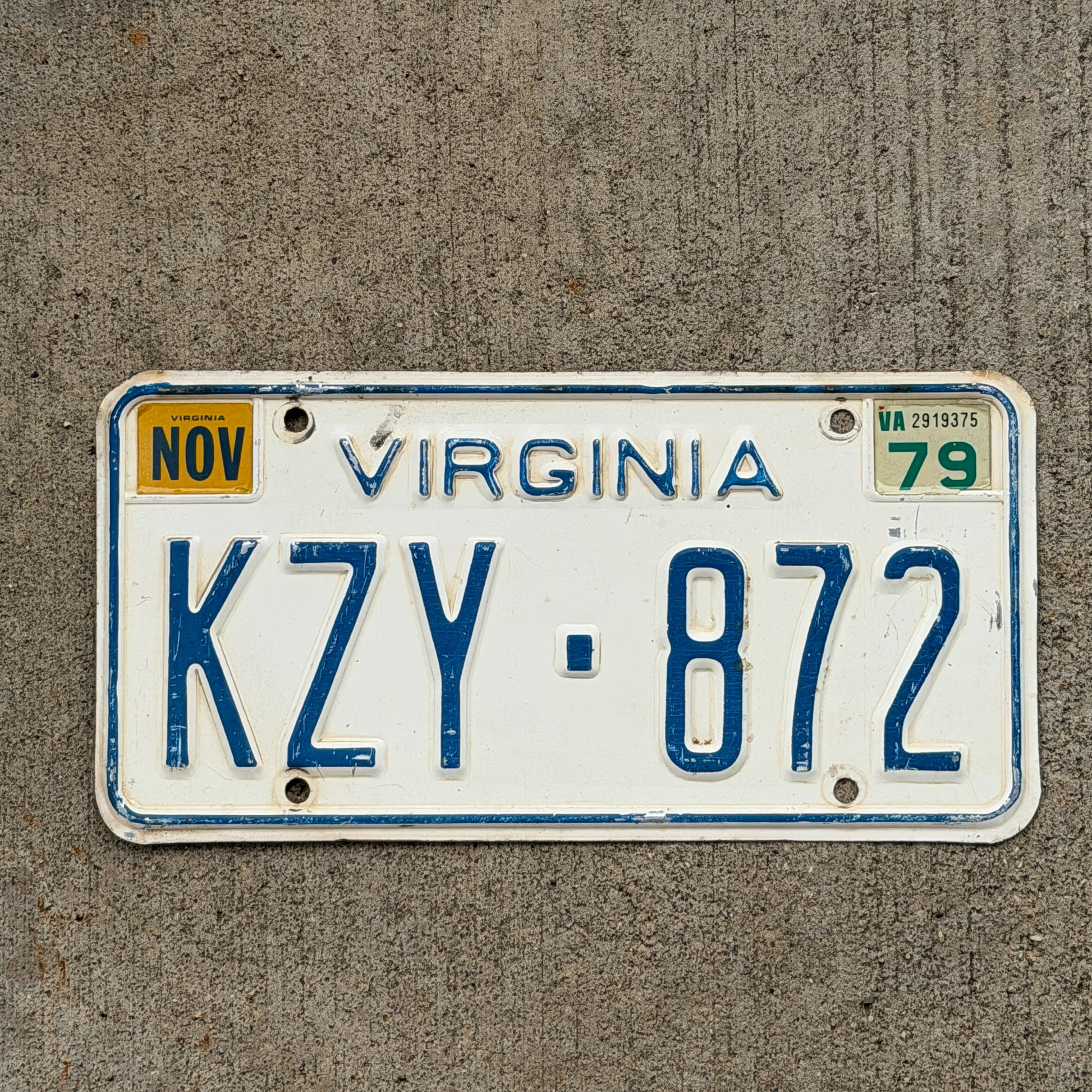 Photo of a 1973 1979 Virginia License Plate Auto Tag Garage Decor Vintage KZY 872 with original patina