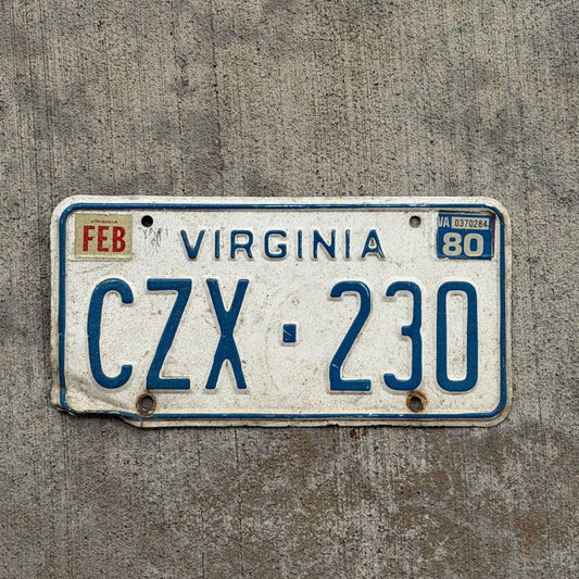 Photo of a 1973 1980 Virginia License Plate Auto Tag Garage Decor Vintage CZX 230 with original patina