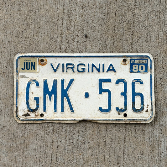 Photo of a 1973 1980 Virginia License Plate Auto Tag Garage Decor Vintage GMK 536 with original patina