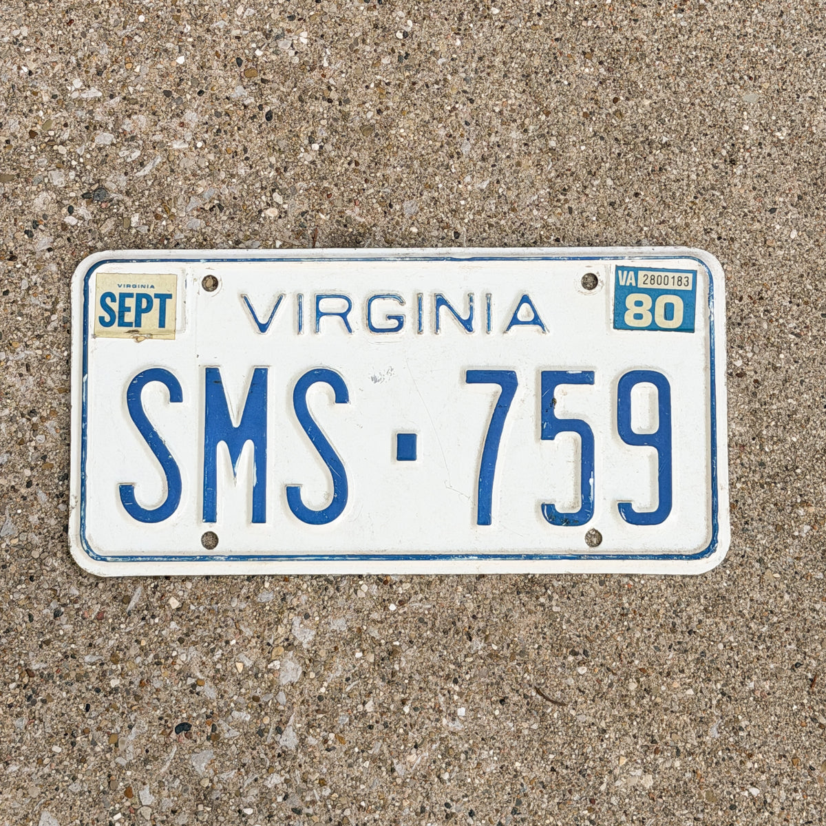 Photo of a 1973 1980 Virginia License Plate Auto Tag Garage Decor Vintage SMS 759 with original patina