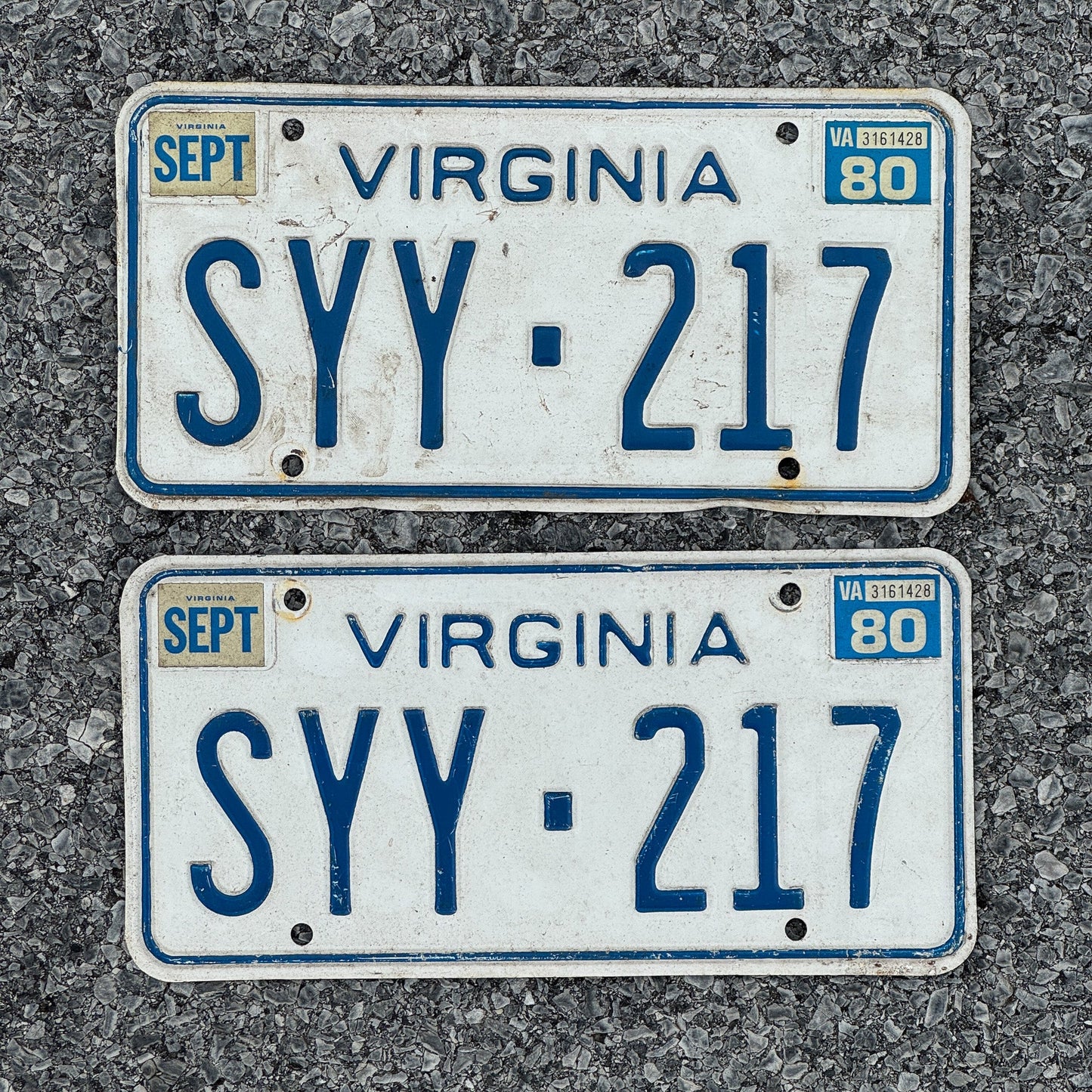 Photo of a 1973 1980 Virginia License Plate Pair Auto Tag Garage Decor Vintage SYY 217