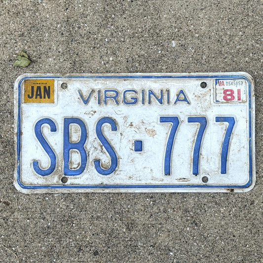 Photo of a 1973 1981 Virginia License Plate Auto Tag Garage Decor Vintage Lucky 7 Repeat Repeating SBS 777 with original patina