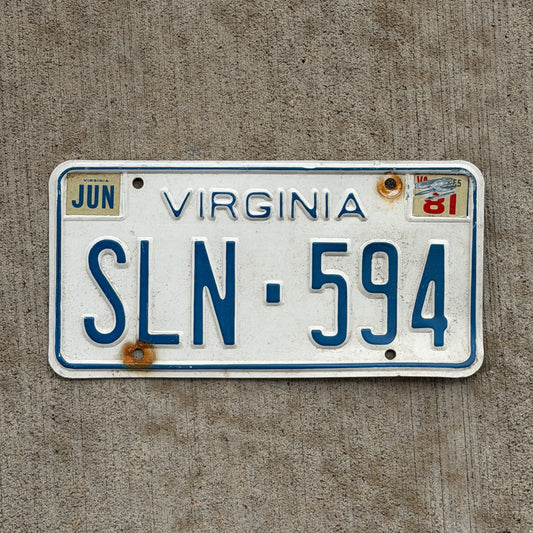 Photo of a 1973 1981 Virginia License Plate Auto Tag Garage Decor Vintage SLN 594 with original patina