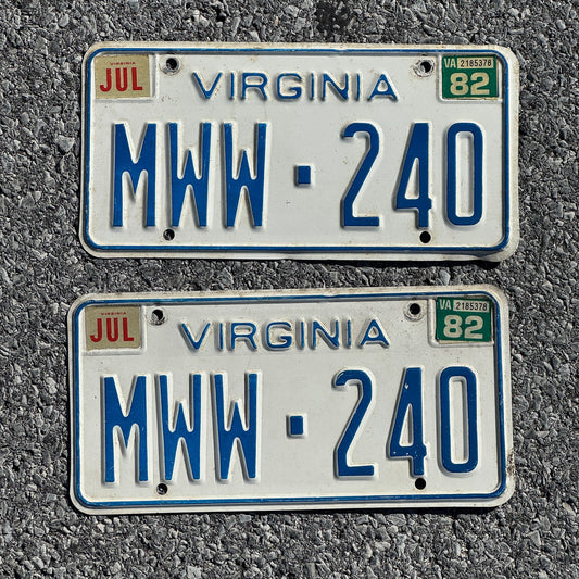 Photo of a 1973 1982 Virginia License Plate Pair Auto Tag Garage Decor Vintage MWW 240