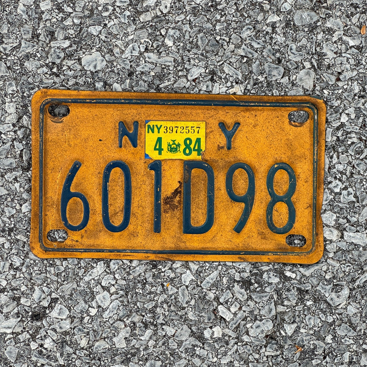 Photo of a 1973 1984 New York Motorcycle License Plate Auto Tag Garage Decor Vintage 601D98