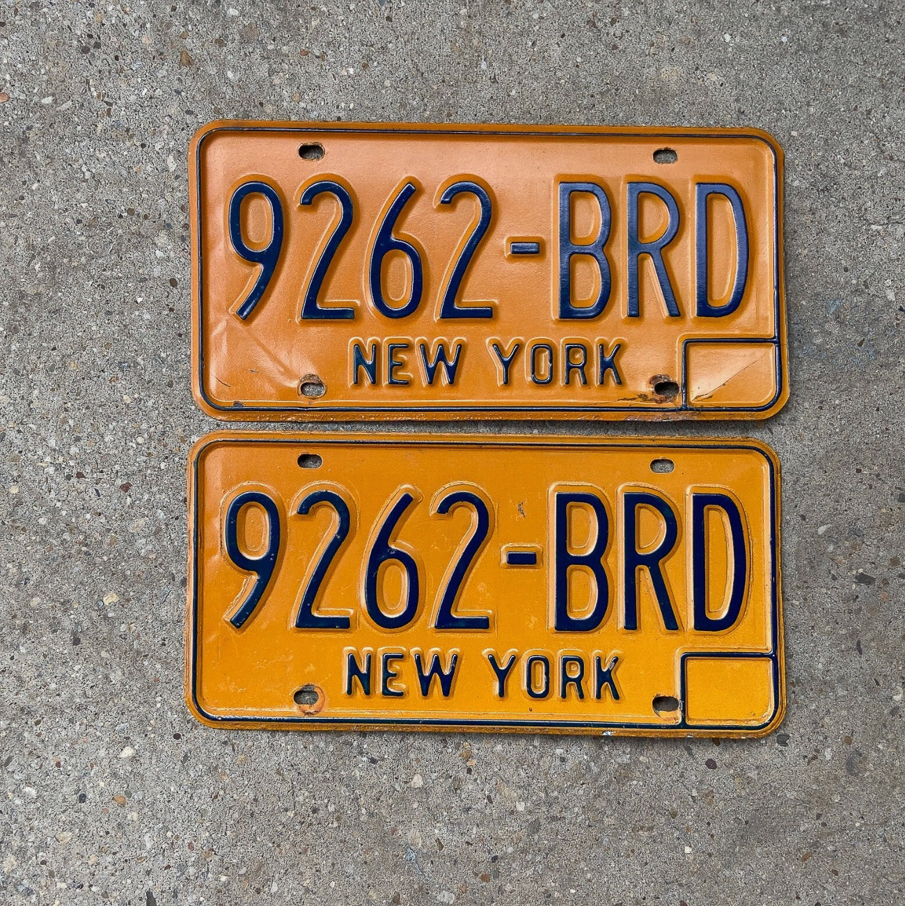 Photo of a 1973 1986 New York License Plate Auto Tag Garage Decor Vintage YOM DMV Clear 9262 BRD with original patina