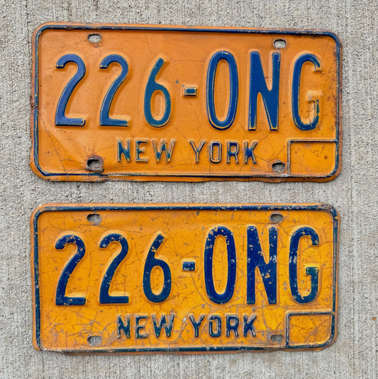 Photo of a 1973 1986 New York License Plate Pair Auto Tag Garage Decor Vintage YOM 226 ONG