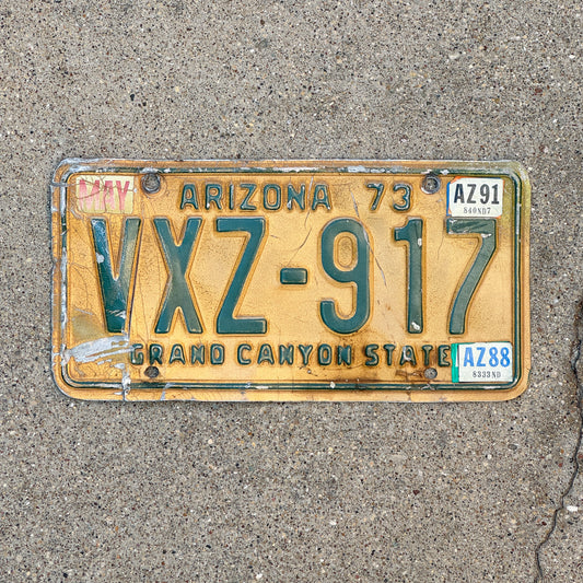 Photo of a 1973 1991 Arizona License Plate Auto Tag Garage Decor Vintage VXZ 917 with original patina