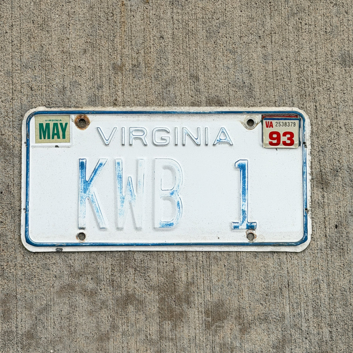 Photo of a 1973 1993 Virginia Vanity License Plate Auto Tag 1 Vintage Garage Initials Name KWB 1 with original patina