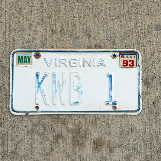 Photo of a 1973 1993 Virginia Vanity License Plate Auto Tag 1 Vintage Garage Initials Name KWB 1 with original patina