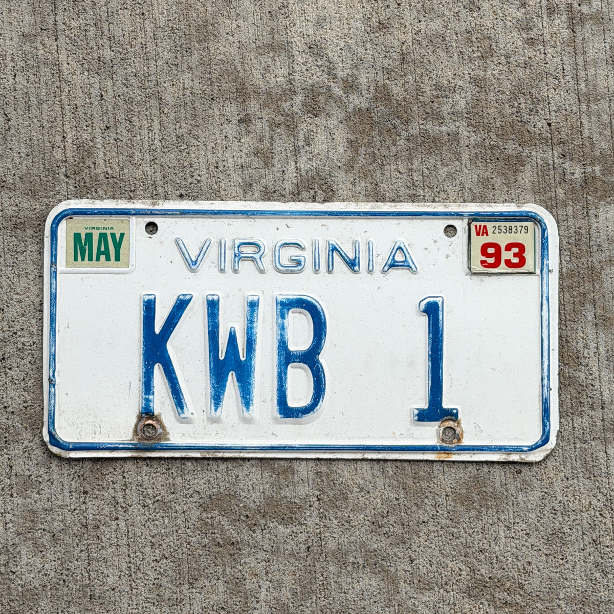 Photo of a 1973 1993 Virginia Vanity License Plate Auto Tag 2 Vintage Garage Initials Name KWB 1 with original patina