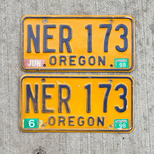 Photo of a 1973 1998 Oregon License Plate Pair Auto Tag Garage Decor Vintage NER 173 with original patina