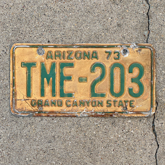 Photo of a 1973 Arizona License Plate Auto Tag Garage Decor Vintage TME 203 with original patina