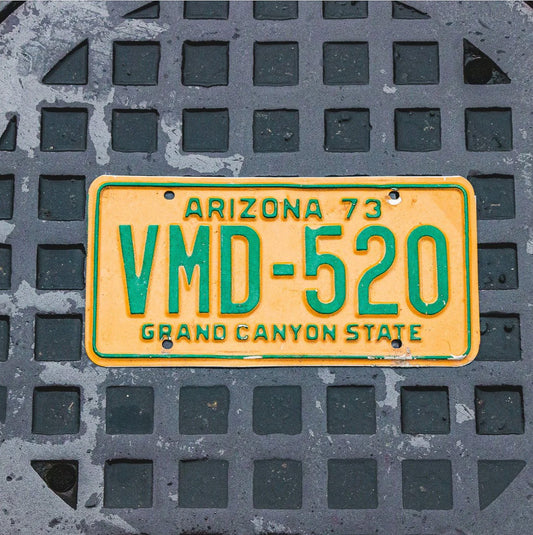 Photo of a 1973 Arizona License Plate Auto Tag Garage Decor Vintage VMD 520 with original patina
