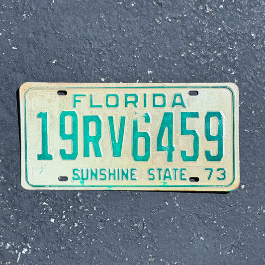 Photo of a 1973 Florida Recreational Vehicle License Plate Auto Tag Garage Decor Vintage RV 19 RV 6459 with original patina