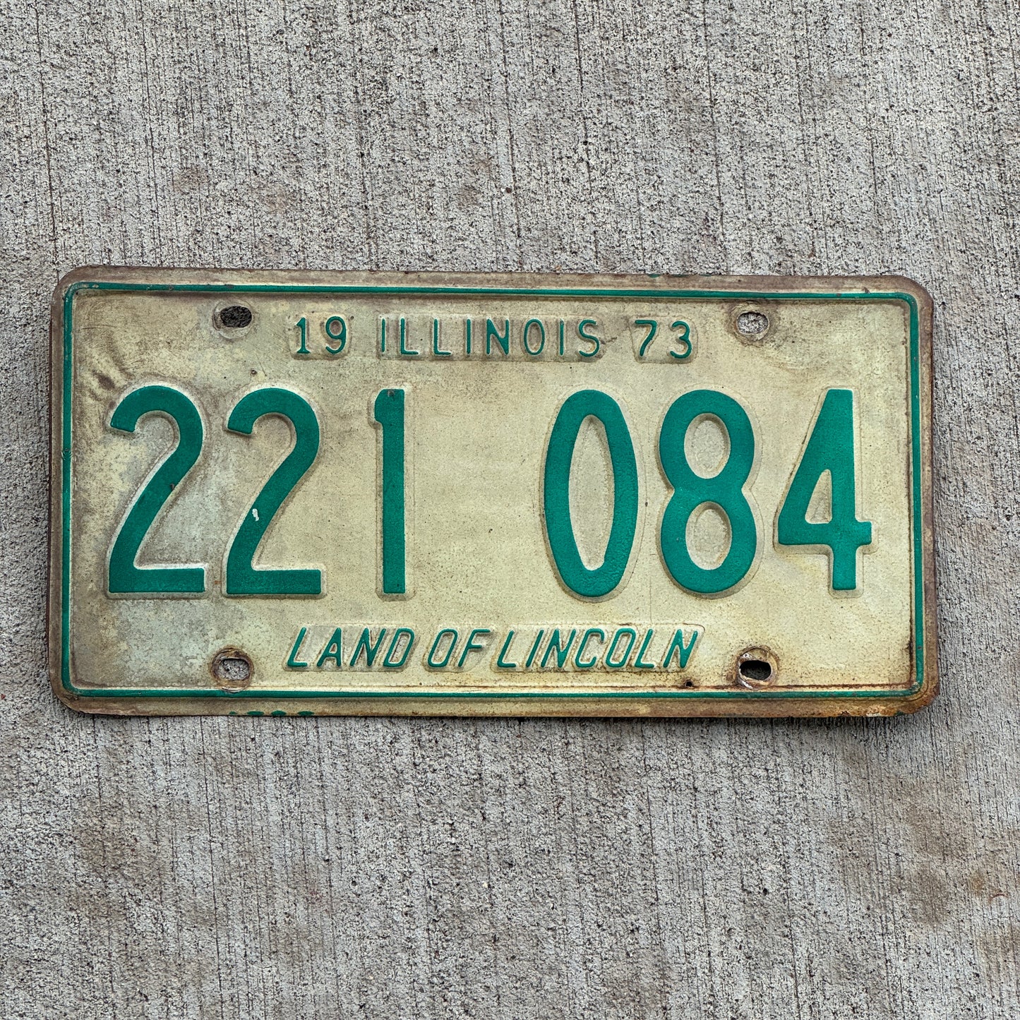 Photo of a 1973 Illinois License Plate Auto Tag 1 Vintage Garage 221 084 with original patina