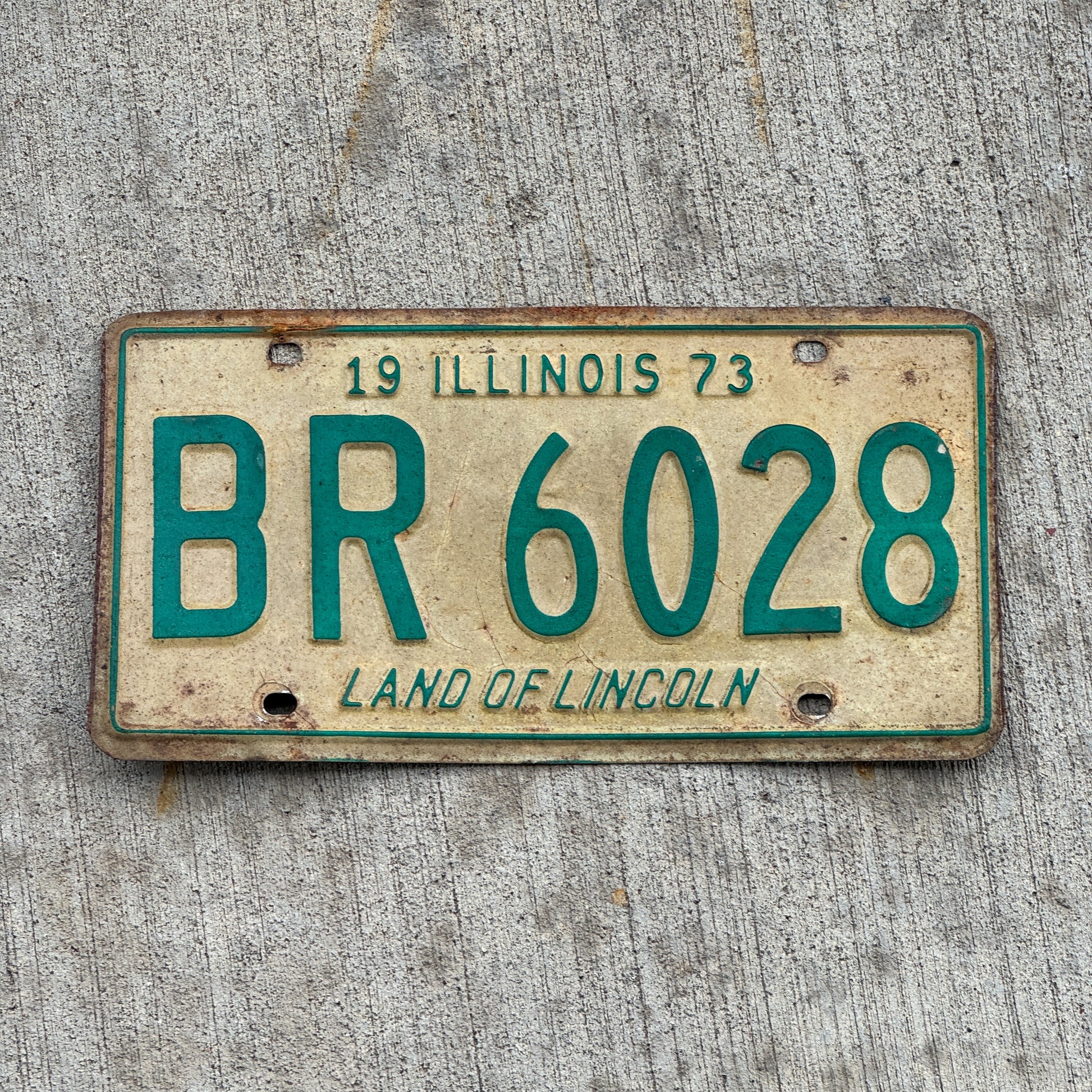 Photo of a 1973 Illinois License Plate Auto Tag 1 Vintage Garage BR 6028 with original patina