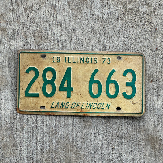 Photo of a 1973 Illinois License Plate Auto Tag Garage Decor Vintage 284 663 with original patina