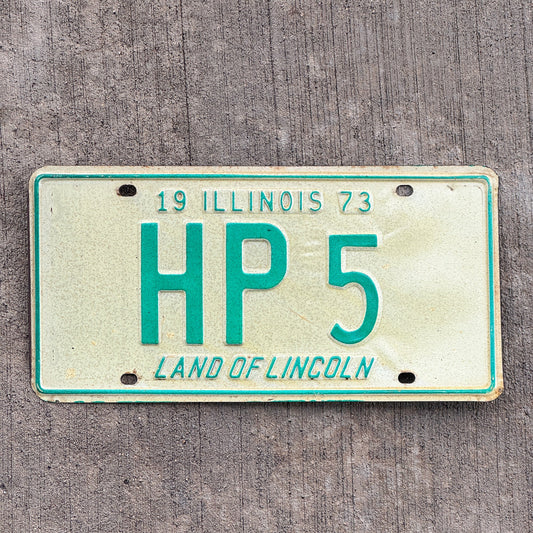 Photo of a 1973 Illinois License Plate Auto Tag Garage Decor Vintage HP 5 with original patina