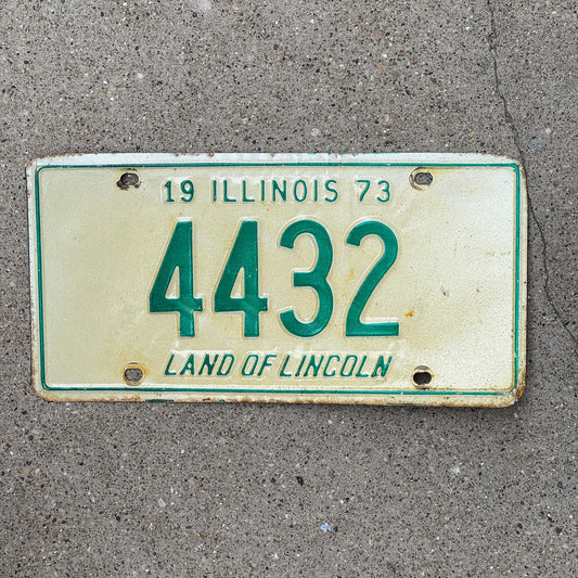 Photo of a 1973 Illinois License Plate Auto Tag Garage Decor Vintage Low Number Four Digit 4432 with original patina