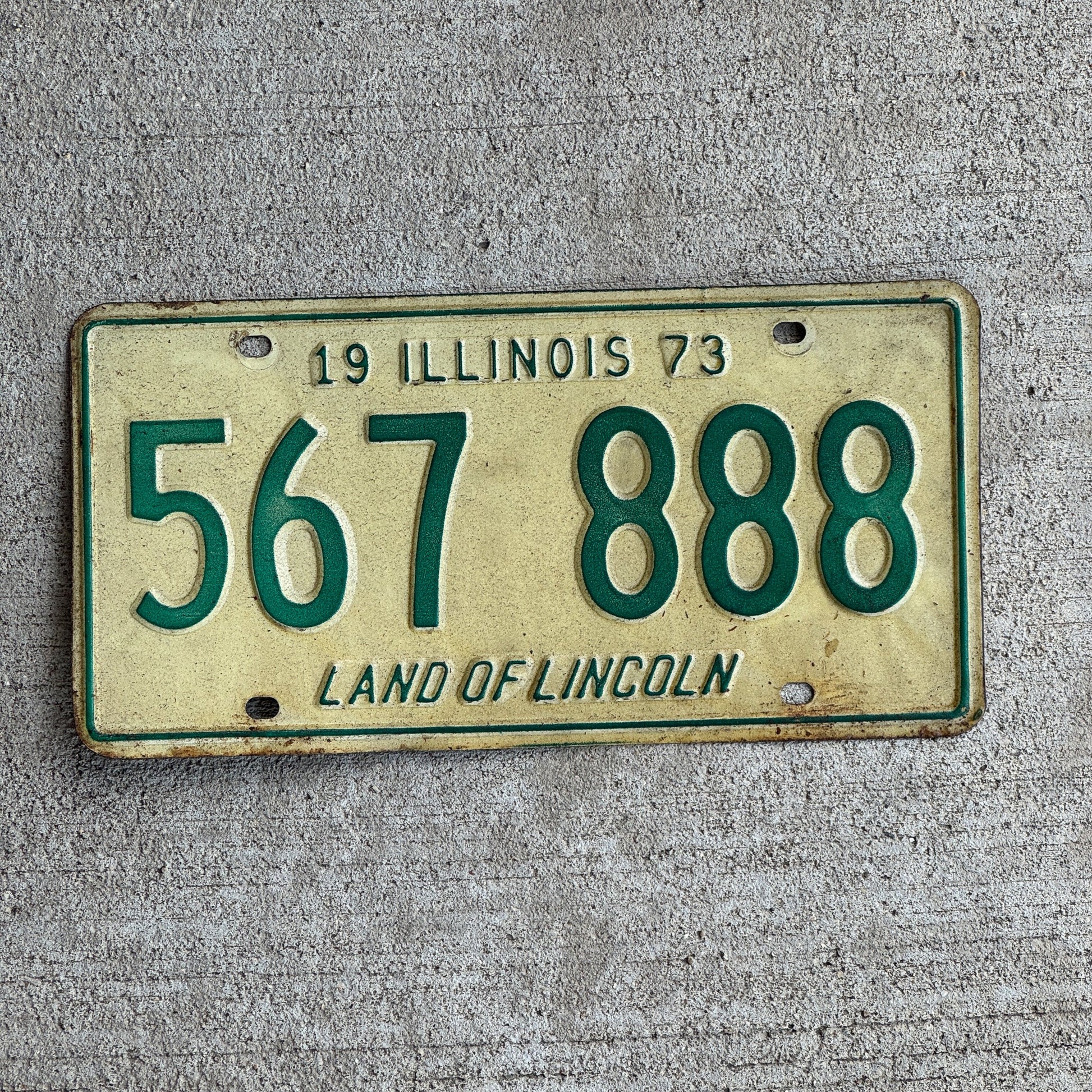 Photo of a 1973 Illinois License Plate Auto Tag Garage Decor Vintage Repeat Repeating 888 567 888