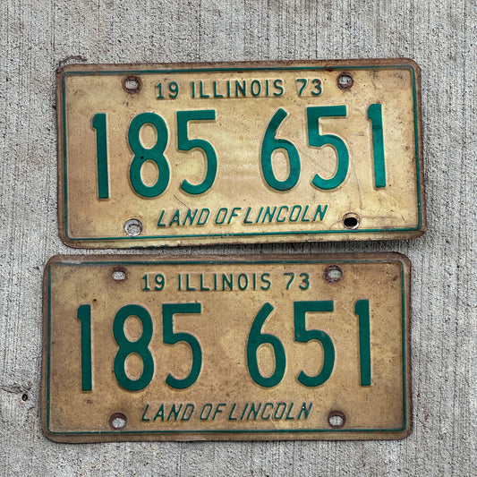 Photo of a 1973 Illinois License Plate Pair Auto Tag Garage Decor Vintage 185 651 with original patina