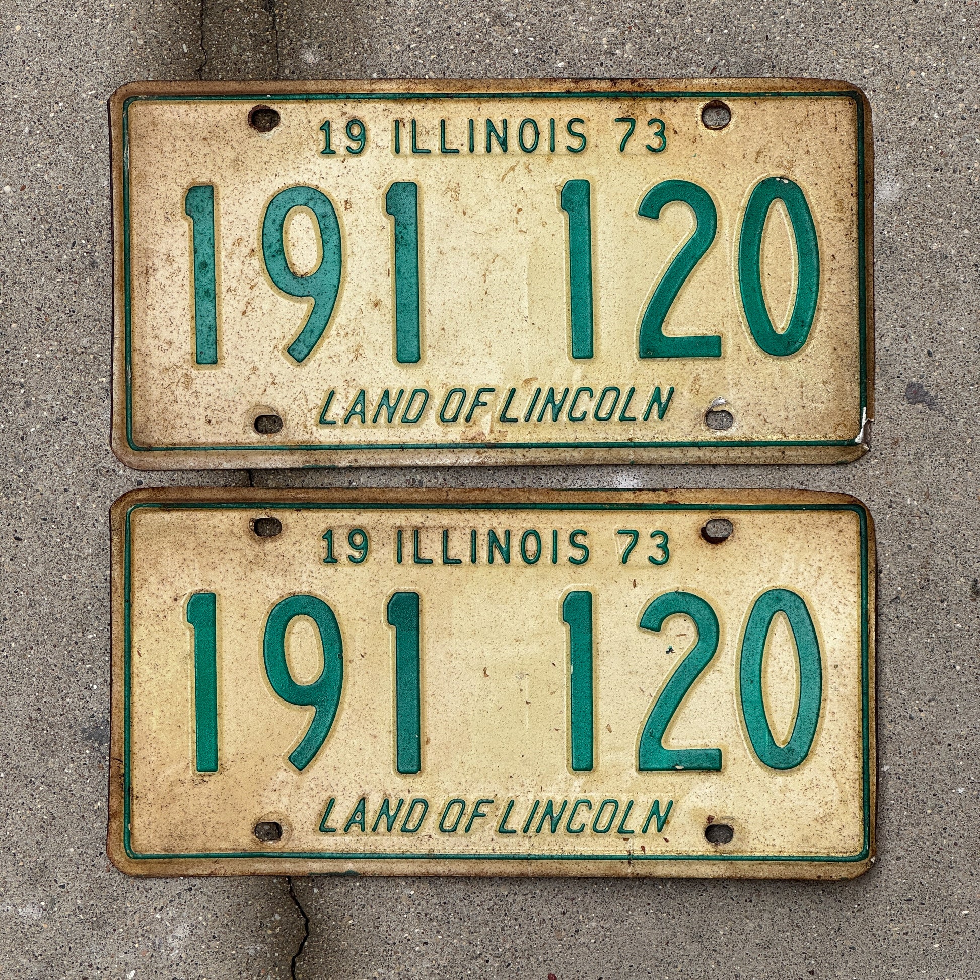 Photo of a 1973 Illinois License Plate Pair Auto Tag Garage Decor Vintage 191 120 with original patina