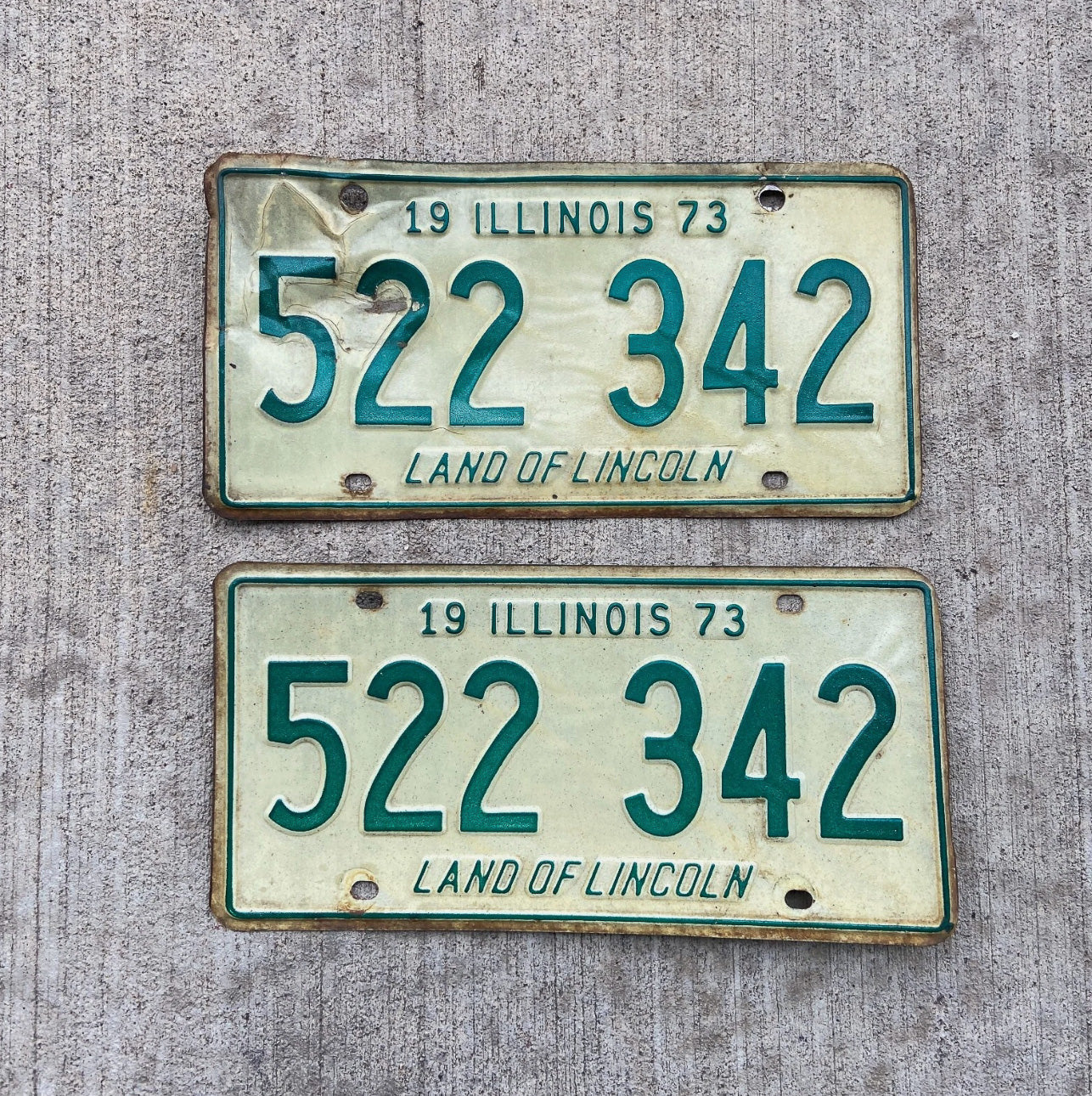 Photo of a 1973 Illinois License Plate Pair Auto Tag Garage Decor Vintage 522342 with original patina