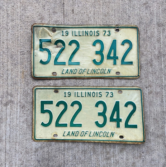 Photo of a 1973 Illinois License Plate Pair Auto Tag Garage Decor Vintage 522342 with original patina