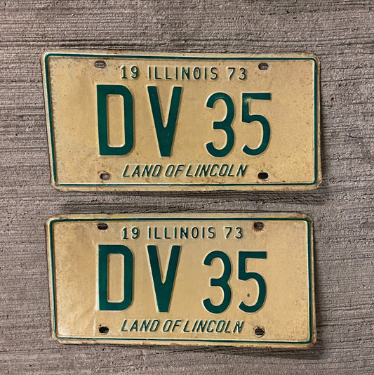Photo of a 1973 Illinois License Plate Pair Auto Tag Garage Decor Vintage DV 35 with original patina