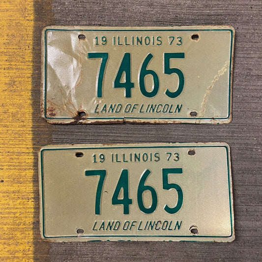 Photo of a 1973 Illinois License Plate Pair Auto Tag Garage Decor Vintage Low Number Four Digit 7465 with original patina