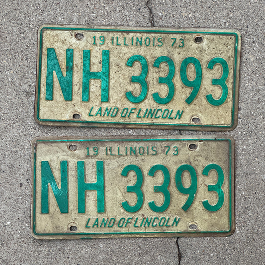 Photo of a 1973 Illinois License Plate Pair Auto Tag Garage Decor Vintage NH 3393 with original patina