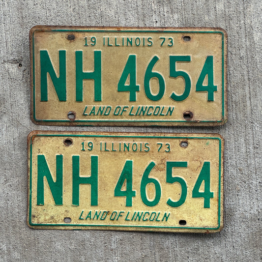 Photo of a 1973 Illinois License Plate Pair Auto Tag Garage Decor Vintage NH 4654 with original patina