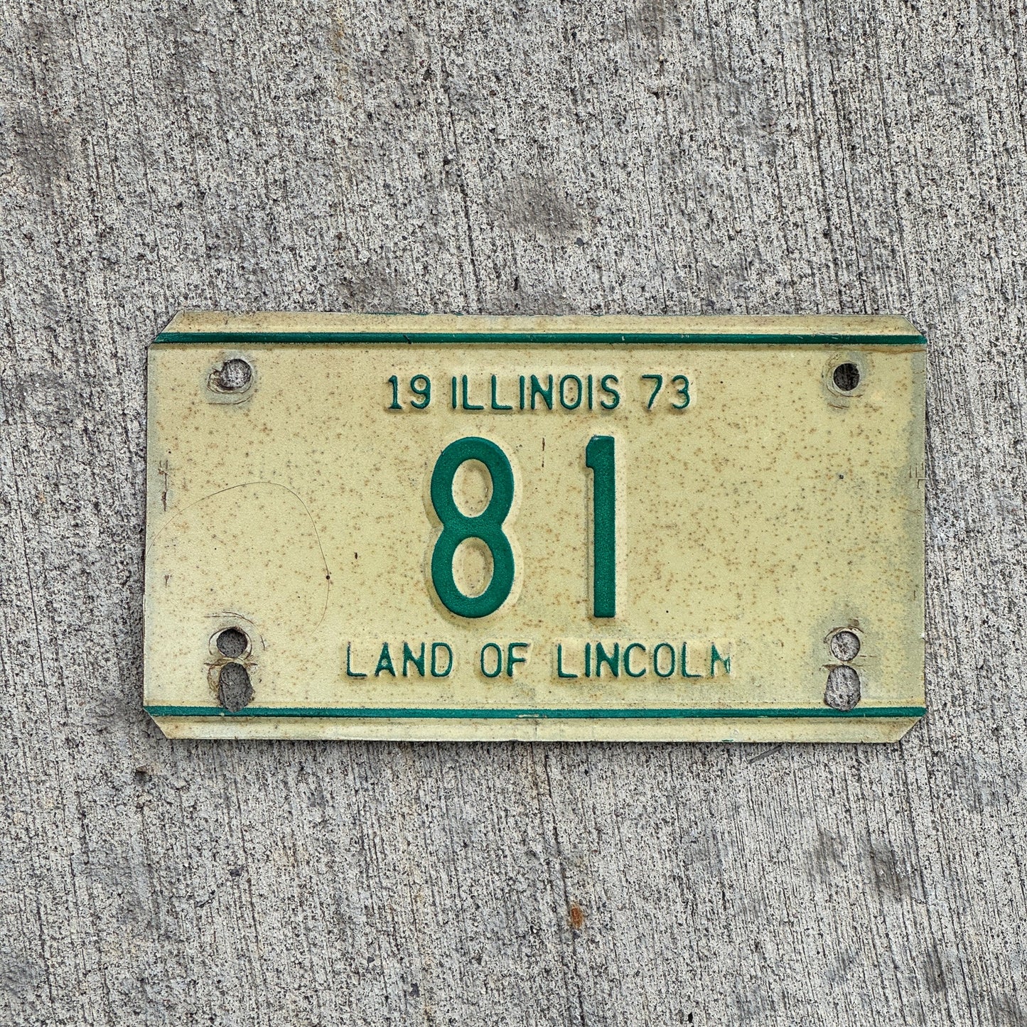 Photo of a 1973 Illinois Motorcycle License Plate Auto Tag Garage Decor Vintage Repeat Repeating 81 with original patina